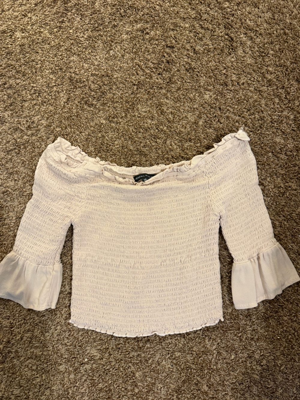Kendall & Kylie Light Pink Off-the-Shoulder Smocked Ruffle Sweater